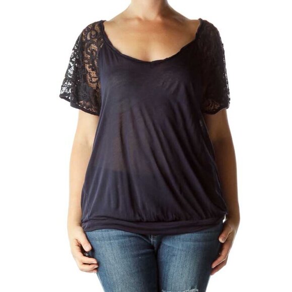 Free People Navy Lace-Sleeve Scoop Neck Top - Picture 1 of 3